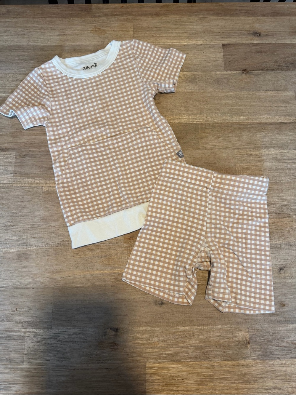 Guomi Acorn Beige and White Gingham Kids Set - Size 2T